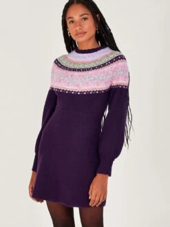 Monsoon Fairisle Dress - Purple