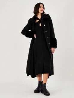 Monsoon Felicity Faux Fur Trim Belted Wool Coat - Black