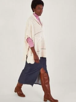 Monsoon Shelby Shawl Collar Cable Poncho -Modish Muse VO5TD SQ3 0000000013 WHITE MDo