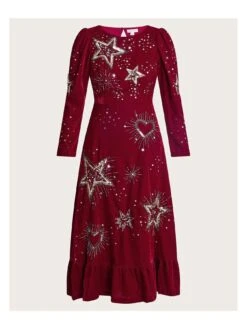 Monsoon Kata Embroidered Velvet Dress -Modish Muse VO5TV SQ3 0000000017 RED MDo