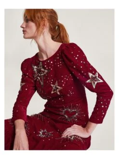 Monsoon Kata Embroidered Velvet Dress -Modish Muse VO5TV SQ4 0000000017 RED MDd