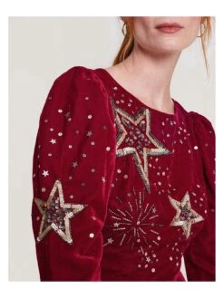 Monsoon Kata Embroidered Velvet Dress -Modish Muse VO5TV SQ5 0000000017 RED MDd1