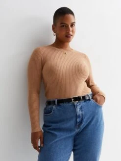 New Look Curves Camel Ribbed Knit Crew Neck Jumper