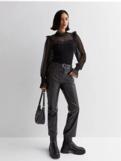 New Look Black Chiffon 2 In 1 Frill High Neck Blouse -Modish Muse VO61L SQ3 0000000004 BLACK MDo