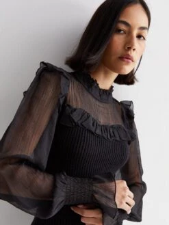 New Look Black Chiffon 2 In 1 Frill High Neck Blouse -Modish Muse VO61L SQ4 0000000004 BLACK MDd