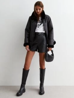 New Look Black Leather-Look Tailored Shorts -Modish Muse VO63R SQ3 0000000004 BLACK MDo