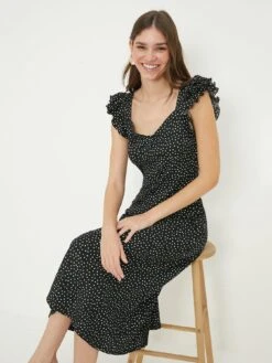 Dorothy Perkins Spot Print Ruffle Sleeve Midi Dress - Black -Modish Muse VOGSG SQ3 0000000004 BLACK MDo