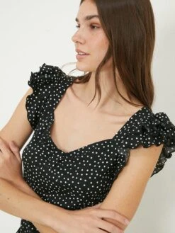 Dorothy Perkins Spot Print Ruffle Sleeve Midi Dress - Black -Modish Muse VOGSG SQ4 0000000004 BLACK MDd