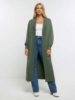 River Island Maxi Ribbed Cardi - Khaki