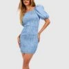 Boohoo Shirred Puff Sleeve Bodycon Mini Dress - Blue -Modish Muse VOW3I SQ1 0000000020 BLUE MDf