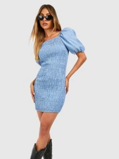 Boohoo Shirred Puff Sleeve Bodycon Mini Dress - Blue