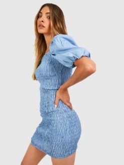 Boohoo Shirred Puff Sleeve Bodycon Mini Dress - Blue -Modish Muse VOW3I SQ3 0000000020 BLUE MDo