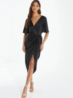 Quiz Black Satin Wrap Ruched Midi Dress