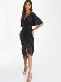 Quiz Black Satin Wrap Ruched Midi Dress -Modish Muse VP0AR SQ3 0000000004 BLACK MDo