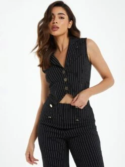 Quiz Black Pinstripe Waistcoat