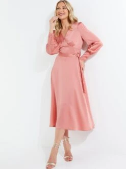 Quiz Pink Satin Long Sleeve Wrap Midi Dress