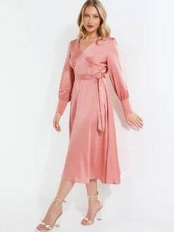 Quiz Pink Satin Long Sleeve Wrap Midi Dress -Modish Muse VP5RA SQ3 0000000367 LIGHT PINK MDo