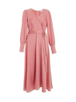 Quiz Pink Satin Long Sleeve Wrap Midi Dress -Modish Muse VP5RA SQ4 0000000367 LIGHT PINK MDd