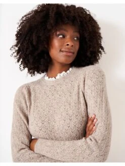 Crew Clothing Lace Trim Stretchy Jumper - Beige -Modish Muse VP7DX SQ4 0000000108 BEIGE MDd