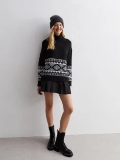 New Look Black Pattern Hem Roll Neck Mini Jumper Dress -Modish Muse VP8E2 SQ3 0000000004 BLACK MDo