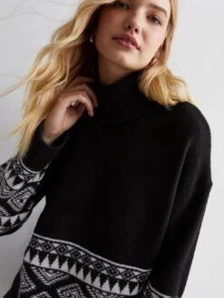 New Look Black Pattern Hem Roll Neck Mini Jumper Dress -Modish Muse VP8E2 SQ4 0000000004 BLACK MDd