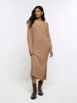 River Island Rib Maxi Jumper Dress - Brown