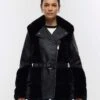 River Island Faux Fur Panelled Biker Jacket - Black -Modish Muse VPGBV SQ1 0000000004 BLACK MDf