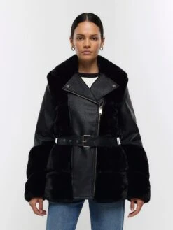 River Island Faux Fur Panelled Biker Jacket - Black
