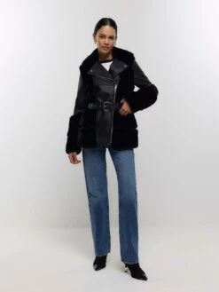 River Island Faux Fur Panelled Biker Jacket - Black -Modish Muse VPGBV SQ3 0000000004 BLACK MDo
