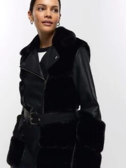 River Island Faux Fur Panelled Biker Jacket - Black -Modish Muse VPGBV SQ4 0000000004 BLACK MDd