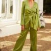 COAST Sophie Habboo Satin Jacquard Wide Leg Trouser - Olive
