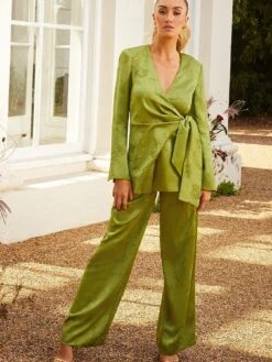 COAST Sophie Habboo Satin Jacquard Wide Leg Trouser - Olive