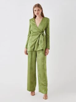 COAST Sophie Habboo Satin Jacquard Wide Leg Trouser - Olive -Modish Muse VPGC1 SQ3 0000000047 GREEN MDo
