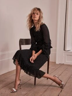 Mint Velvet Black Print Ruffle Midi Dress -Modish Muse VPOM2 SQ3 0000000004 BLACK MDo