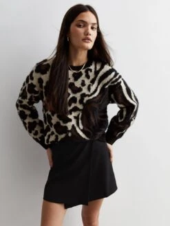New Look Brown Fluffy Animal Print Patchwork Jumper