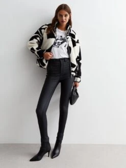 New Look Black Abstract Print Borg Zip Jacket -Modish Muse VQ4DI SQ3 0000000270 PRINT MDo