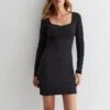 New Look Black Ribbed Ruched Front Bodycon Mini Dress -Modish Muse VQ4H8 SQ1 0000000004 BLACK MDf