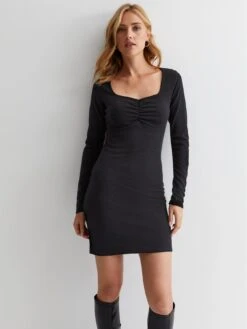 New Look Black Ribbed Ruched Front Bodycon Mini Dress