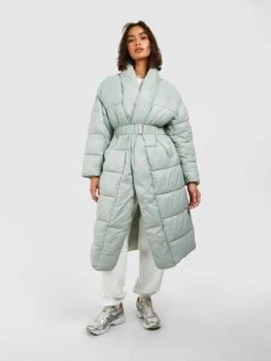 Boohoo Belted Puffer Jacket - Sage
