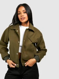 Boohoo Wool Look Crop Bomber Jacket - Khaki