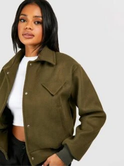 Boohoo Wool Look Crop Bomber Jacket - Khaki -Modish Muse VQGWH SQ4 0000000047 GREEN MDd