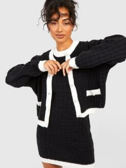 Boohoo Pearl Button Trim Crop Cardigan - Black