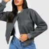 Boohoo Wool Look Crop Bomber Jacket - Charcoal