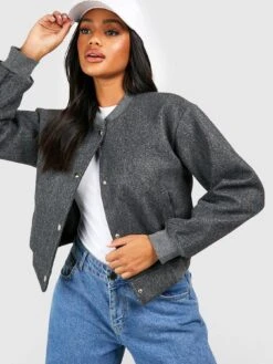 Boohoo Wool Look Crop Bomber Jacket - Charcoal