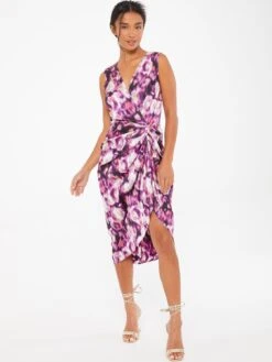 Quiz Petite Purple Floral Print Ruched Midi Dress