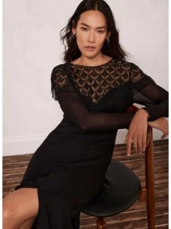 Mint Velvet Beaded Fringe Sheer Midi Dress -Modish Muse VR6CO SQ3 0000000004 BLACK MDo