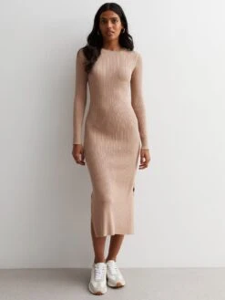 New Look Camel Ribbed Knit Bodycon Midi Dress