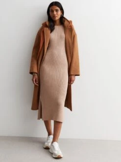 New Look Camel Ribbed Knit Bodycon Midi Dress -Modish Muse VRB8P SQ3 0000000143 BROWN MDo