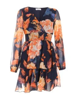 Quiz Petite Orange Chiffon Floral Tiered Skater Mini Dress -Modish Muse VRHE8 SQ4 0000000198 ORANGE MDd