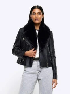 River Island Faux Fur Detail Biker Jacket - Black
